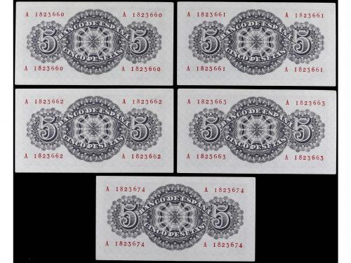 ESTADO ESPAÑOL. Lote 5 billetes 5 Pesetas. 12 Abril 1947. Sé