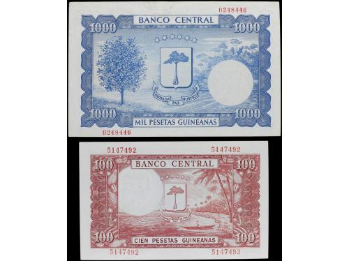 Lote 2 billetes 100 y 1.000 Pesetas Guineanas. 12 Octubre 19