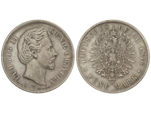 ESTADOS ALEMANES. 5 Mark. 1876-D. LUDWIG II. BAYERN. 27,49 g