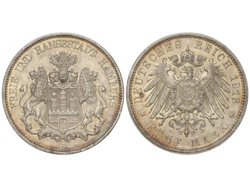 ESTADOS ALEMANES. 5 Mark. 1913-J. HAMBURG. 27,75 grs. AR. Le