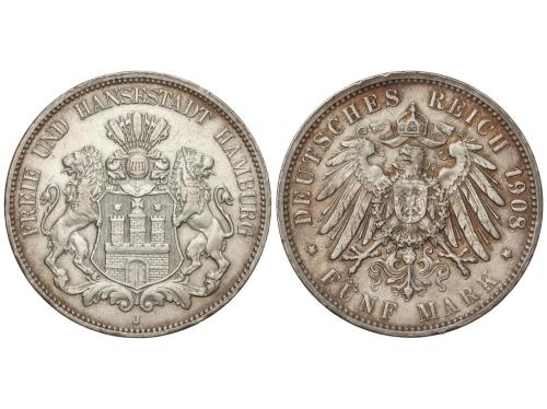 ESTADOS ALEMANES. 5 Mark. 1908-J. HAMBURG. 27,71 grs. AR. Le