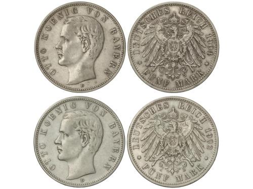 ESTADOS ALEMANES. Lote 2 monedas 5 Mark. 1902, 1904-D. OTTO.