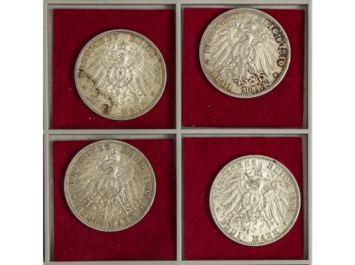 ESTADOS ALEMANES. Lote 4 monedas 3 Mark. 1909, 10, 12, 14. W