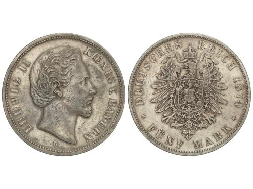 ESTADOS ALEMANES. 5 Mark. 1874-D. LUDWIG II. BAYERN. 27,52 g