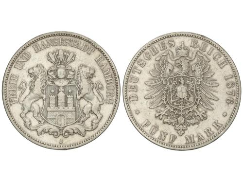 ESTADOS ALEMANES. 5 Mark. 1876-J. HAMBURG. 27,44 grs. AR. KM