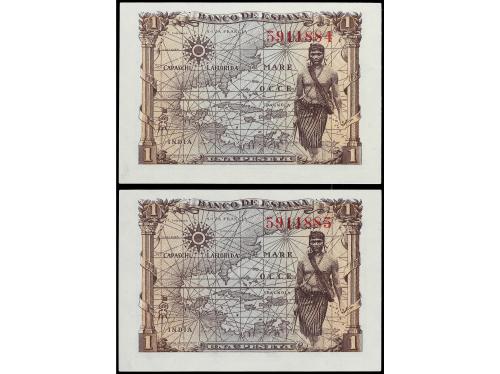 ESTADO ESPAÑOL. Lote 2 billetes 1 Peseta. 15 Junio 1945. Isa