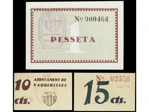 CATALUNYA. Lote 3 billetes 10, 15 Cèntims y 1 Pesseta. Aj. d