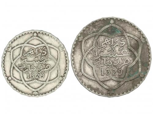 MARRUECOS. Lote 2 monedas 1/2 y 1 Rial. 1329 d.H (1911). ABD