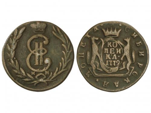 RUSIA. 1 Kopek. 1778-K.M. CATHERINE II. SIBERIA. 6,5 grs. AE