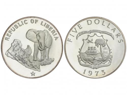 LIBERIA. 5 Dollars. 1973. AR. Elefante. En presentación de M