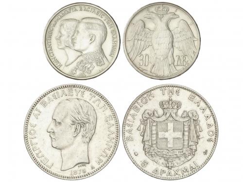 GRECIA. Lote 2 monedas 5 y 30 Drachmai. 1875, 1964. AR. KM-4