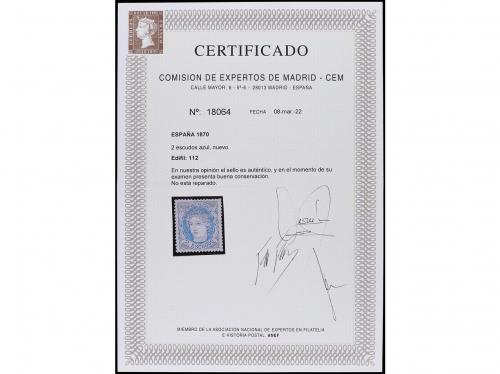 * ESPAÑA. Ed. 112. 2 esc. azul. Magnifico centrado. Cert. CE