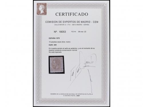 * ESPAÑA. Ed. 209. 10 pts. sepia oliva. Cert. CEM. BONITO. M