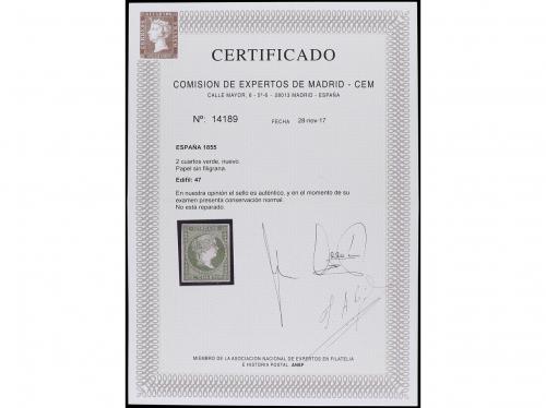 * ESPAÑA. Ed. 47. 2 cuartos verde. Cert. CEM. PRECIOSO. RARO