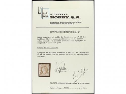 * ESPAÑA. Ed. 53. 12 cuartos carmín. Cert. HOBBY. PRECIOSO. 