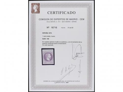 * ESPAÑA. Ed. 158. 1 real violeta. Cert. CEM. PRECIOSO. RARO