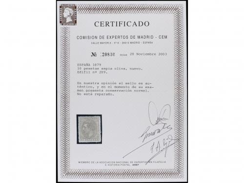 * ESPAÑA. Ed. 209. 10 pts. sepia oliva. Cert. CEM. PRECIOSO.