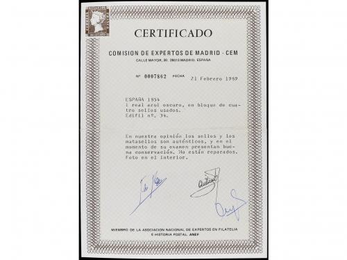 ° ESPAÑA. Ed. 34(4). 1 real azul oscuro en bloque de 4. Cert