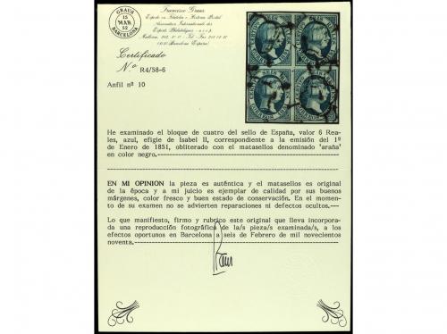 ° ESPAÑA. Ed. 10(4). 6 reales azul en bloque de 4. Amplios