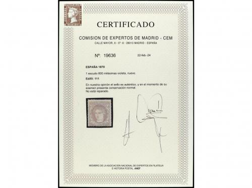 * ESPAÑA. Ed. 111. 1 esc. 600 mils. violeta. Cert. CEM. BONI