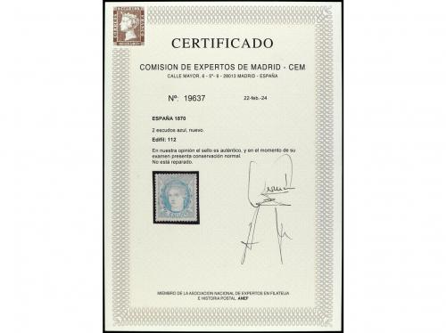 * ESPAÑA. Ed. 112. 2 esc. azul. Cert. CEM. PRECIOSO. MUY RAR