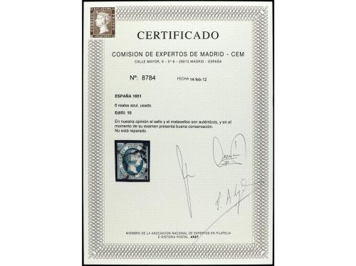 ° ESPAÑA. Ed. 10. 6 reales azul. Cert. CEM. PRECIOSO. MUY RA