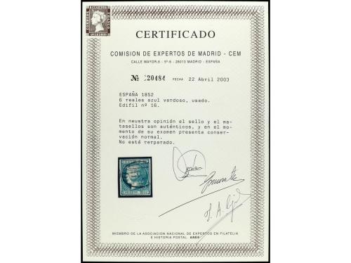 ° ESPAÑA. Ed. 16. 6 reales azul verdoso. Cert. CEM. PRECIOSO