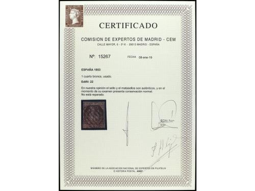 ° ESPAÑA. Ed. 22. 1 cuarto bronce. Cert. CEM. PRECIOSO. RARO