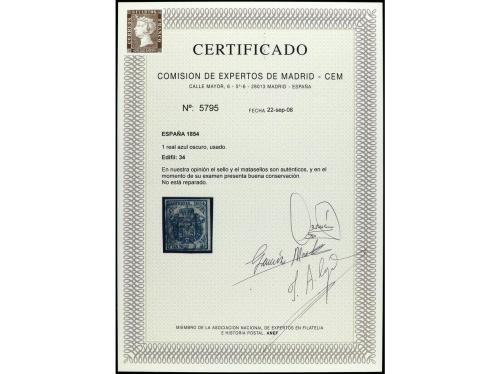 ° ESPAÑA. Ed. 34. 1 real azul oscuro. Cert. CEM. PRECIOSO. R