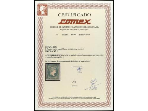 * ESPAÑA. Ed. 47. 2 cuartos verde. Cert. COMEX. PRECIOSO. MU