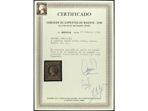 * ESPAÑA. Ed. 51. 2 cuartos verde. Cert. CEM. PRECIOSO. MUY 