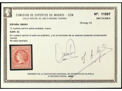 * ESPAÑA. Ed. 53. 12 cuartos carmín. Dictamen CEM. PRECIOSO.