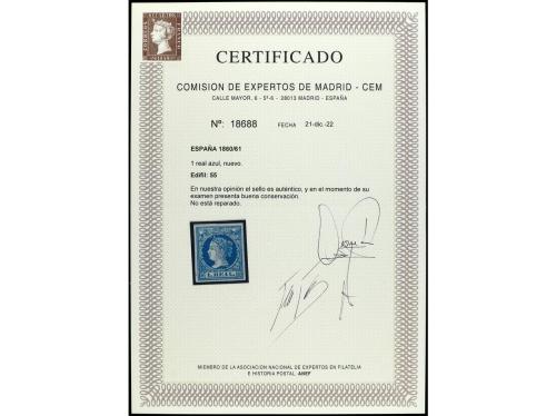 * ESPAÑA. Ed. 55. 1 real azul. Cert. CEM. Muy raro en este e