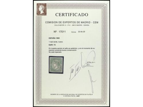 * ESPAÑA. Ed. 72. 1 real verde. Cert. CEM. PRECIOSO. MUY RAR