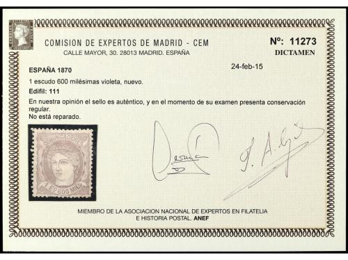 * ESPAÑA. Ed. 111. 1 esc. 600 mils. violeta. Dictamen CEM. P