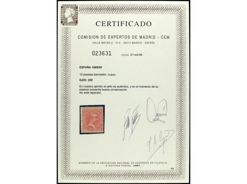 * ESPAÑA. Ed. 228. 10 pts. bermellón. Cert. CEM. Raro con es