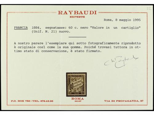 * FRANCIA. Yv. T.21. TASAS. 60 cts. negro. Cert. RAYBAUDI.