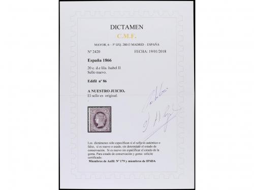 * ESPAÑA. Ed. 86. 20 cts. lila. Redentado. Dictamen C.M.F. (