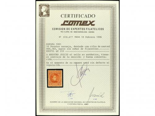 ** ESPAÑA. Ed. 255. 10 pts. naranja. Cert. COMEX. MUY BONITO