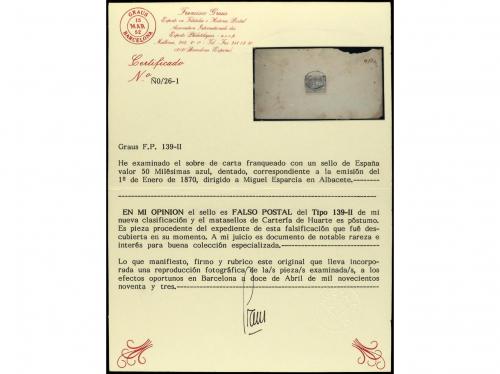 ✉ ESPAÑA. Ed. 107F. 50 mils. azul. FALSO POSTAL (139-II). Se