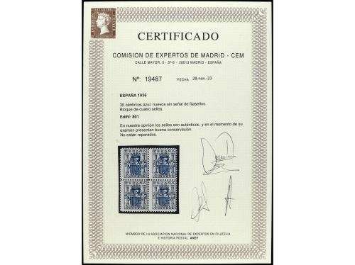 ** ESPAÑA. Ed. 801(4). 30 cts. azul en bloque de 4. Cert. CE