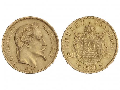 FRANCIA. 20 Francs. 1866-BB. NAPOLEÓN III. STRASBURG. 6,43 g