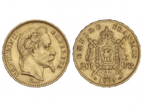 FRANCIA. 20 Francs. 1863-BB. NAPOLEÓN III. STRASBURG. 6,39 g