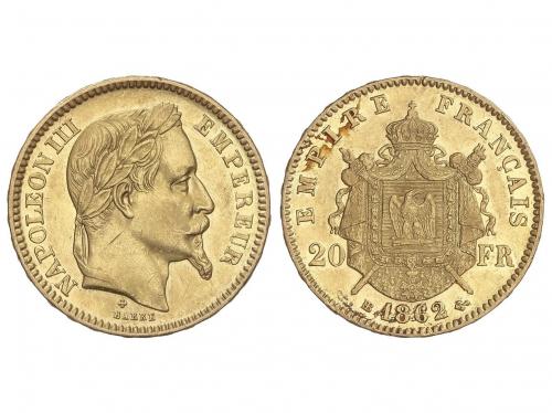 FRANCIA. 20 Francs. 1862-BB. NAPOLEÓN III. STRASBURG. 6,44 g