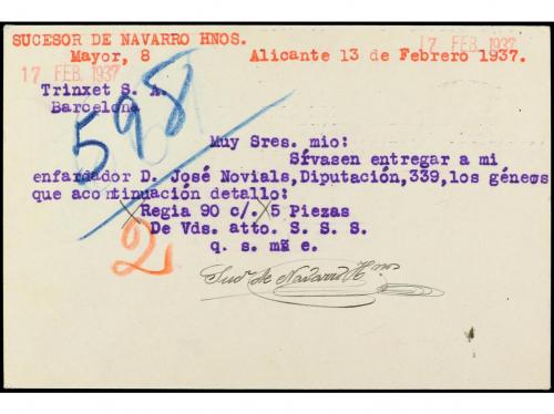 ESPAÑA GUERRA CIVIL. 1937. ALICANTE. Entero Postal de 15 cts