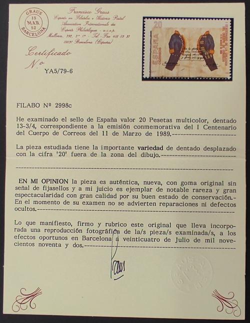 ** ESPAÑA. Ed. 2998 var. 20 pts. multicolor. Variedad DENTAD