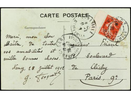 ✉ FRANCIA. 1912. TARJETA Postal de NANCY a LUNEVILLE con viñ