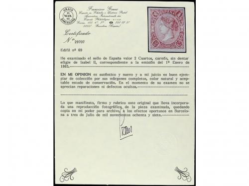 (*) ESPAÑA. Ed. 69. 2 cuartos carmín. Buen ejemplar. Cert. G