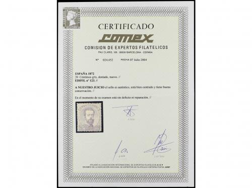 * ESPAÑA. Ed. 123. 20 cts. gris. Bien centrado. Cert. COMEX.