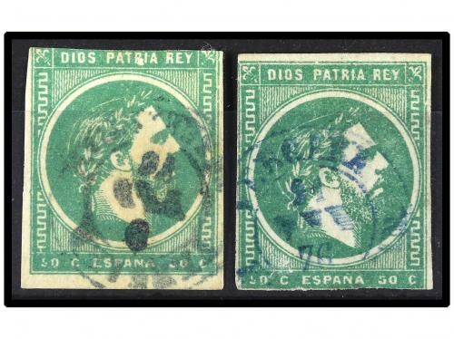 ° ESPAÑA. Ed. 160 (2). 50 cts. verde. 2 ejemplares con mat. 